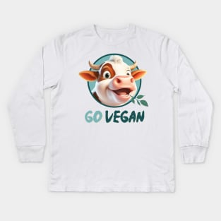 Happy vegan calf, go vegan, against animal torture, no animal cruelty, green stuff in the mouth Kids Long Sleeve T-Shirt